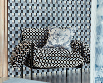 Harlequin Blocks Wallpaper behind a chair