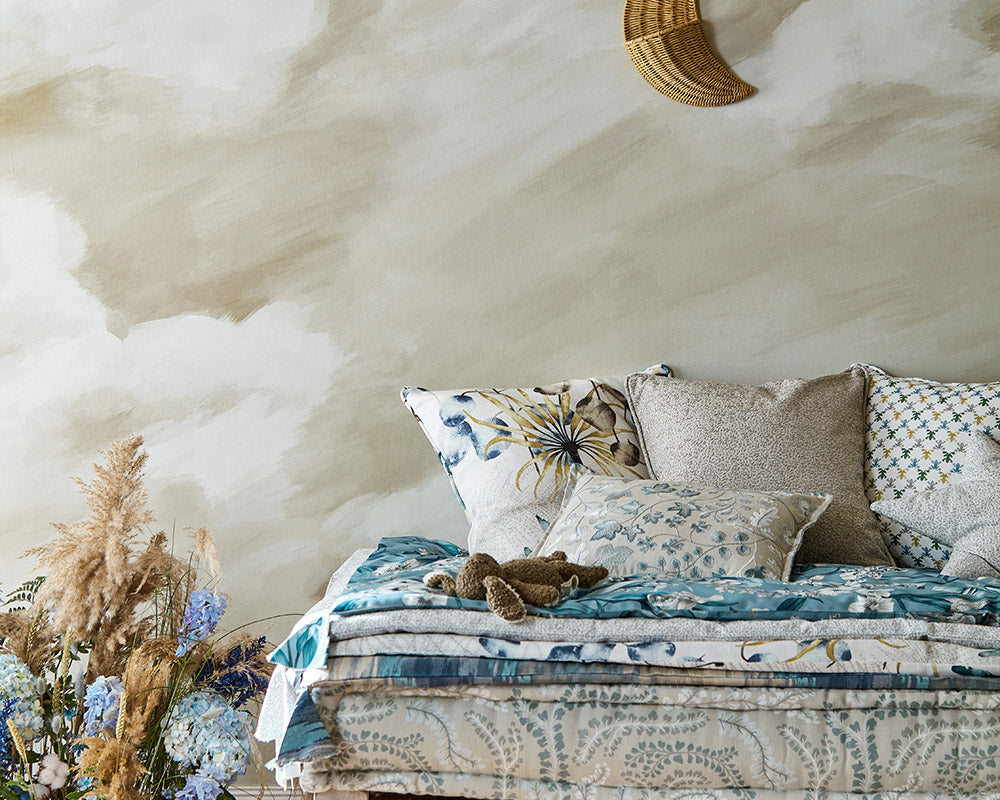 Harlequin Air Wallpaper in a bedroom