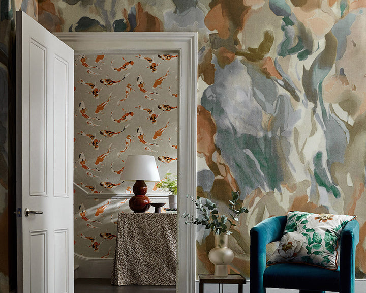Harlequin Foresta Wallpaper next to a doorway