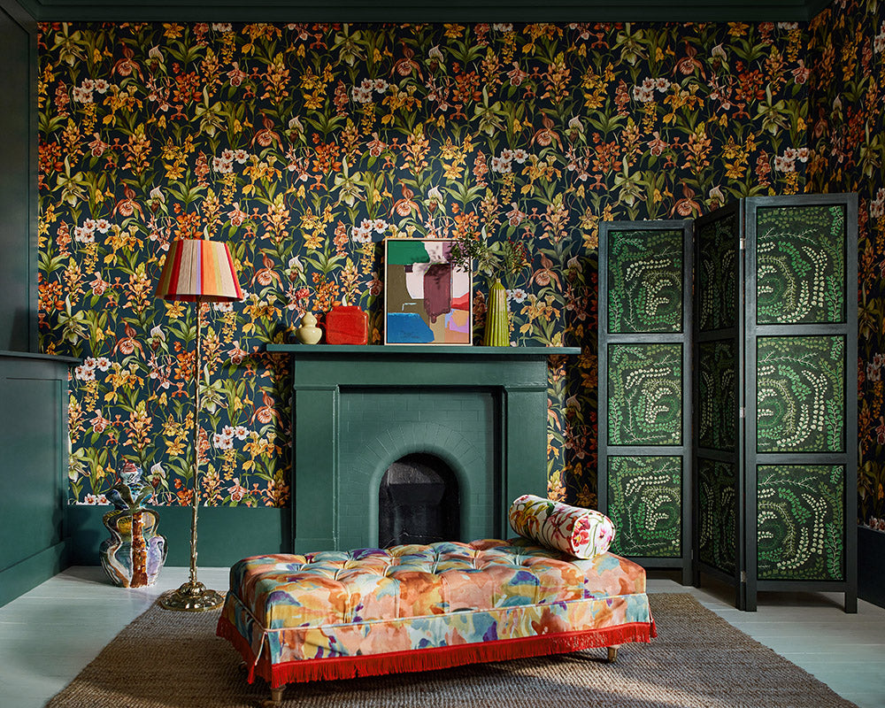 Harlequin Kalina Wallpaper in a living space with furniture