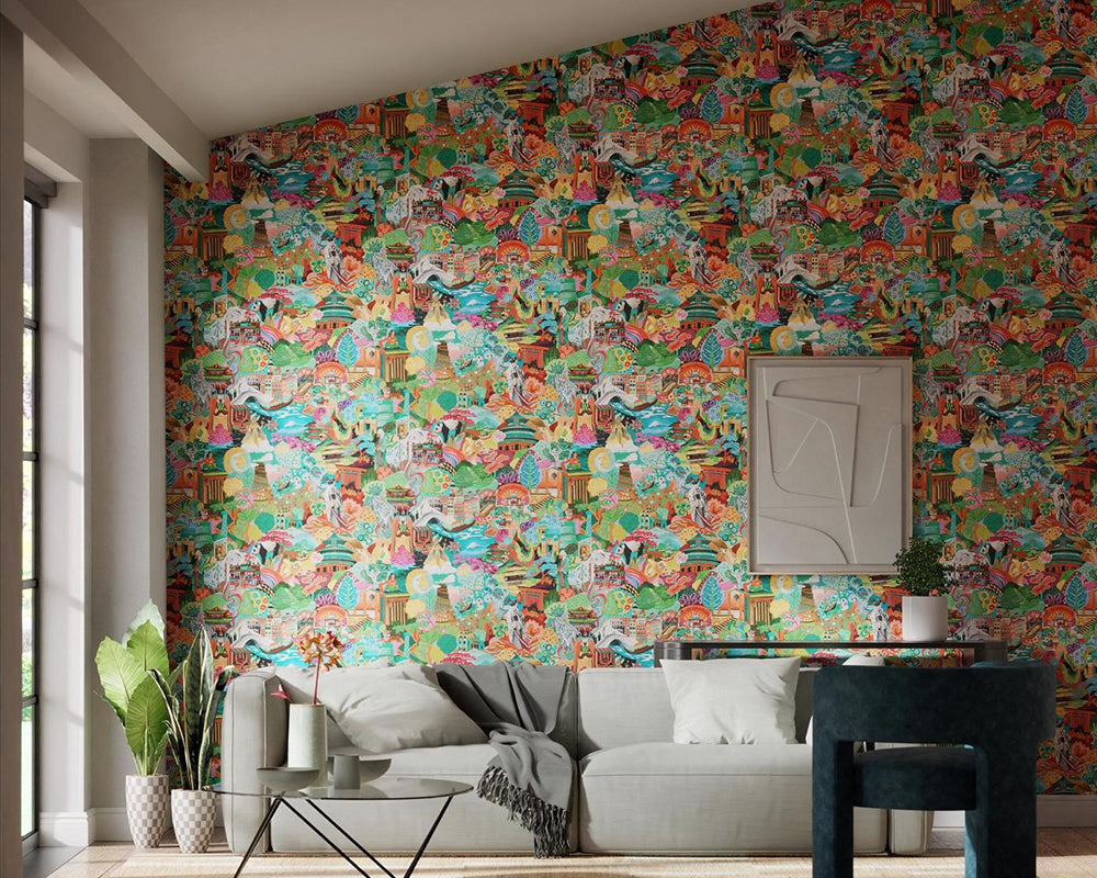 Harlequin Journey of Discovery Wallpaper in a living room