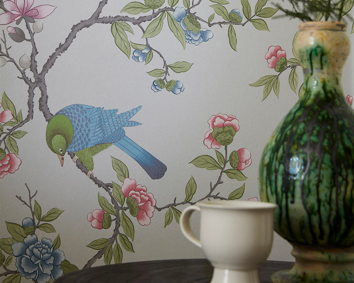 Little Greene Aderyn Wallpaper in a bedroom detail