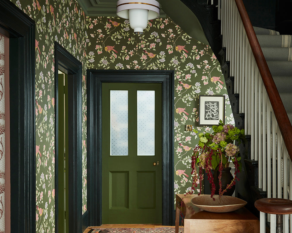 Little Greene Aderyn Wallpaper in a hallway