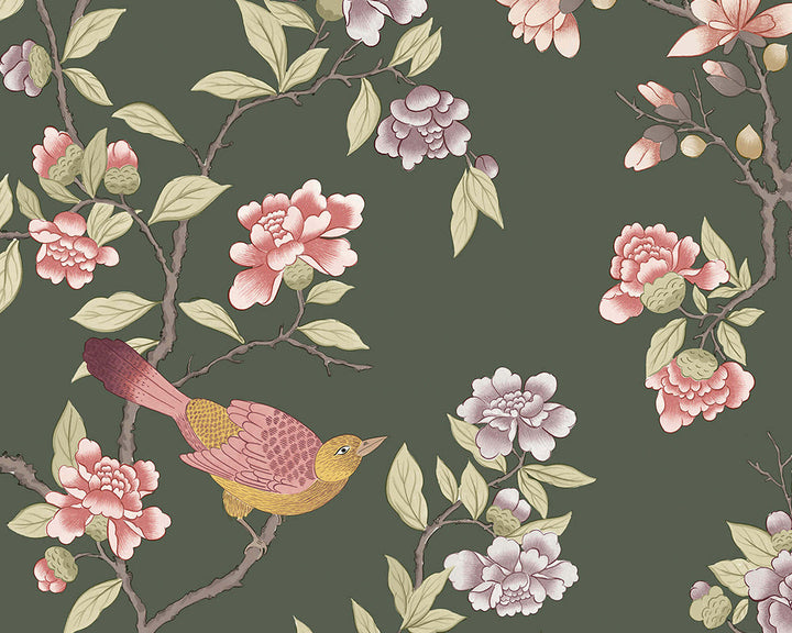 Little Greene Aderyn Wallpaper in Olive Green
