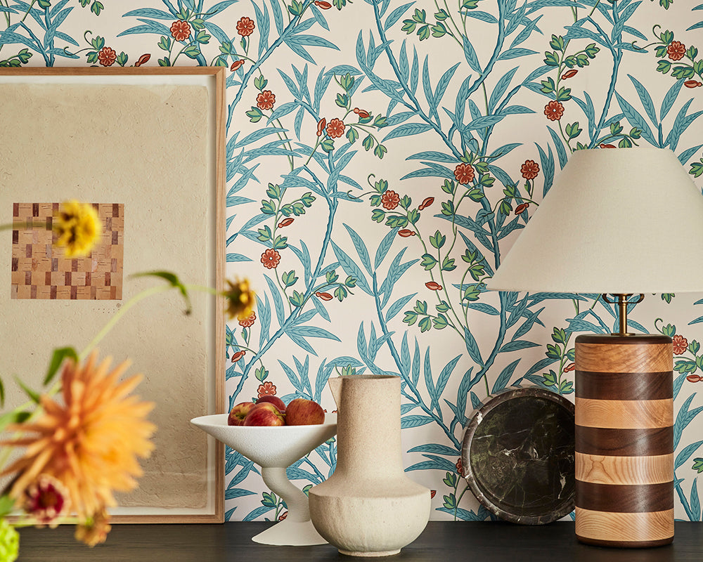 Little Greene Bamboo Floral Wallpaper in Heat in a living space close up