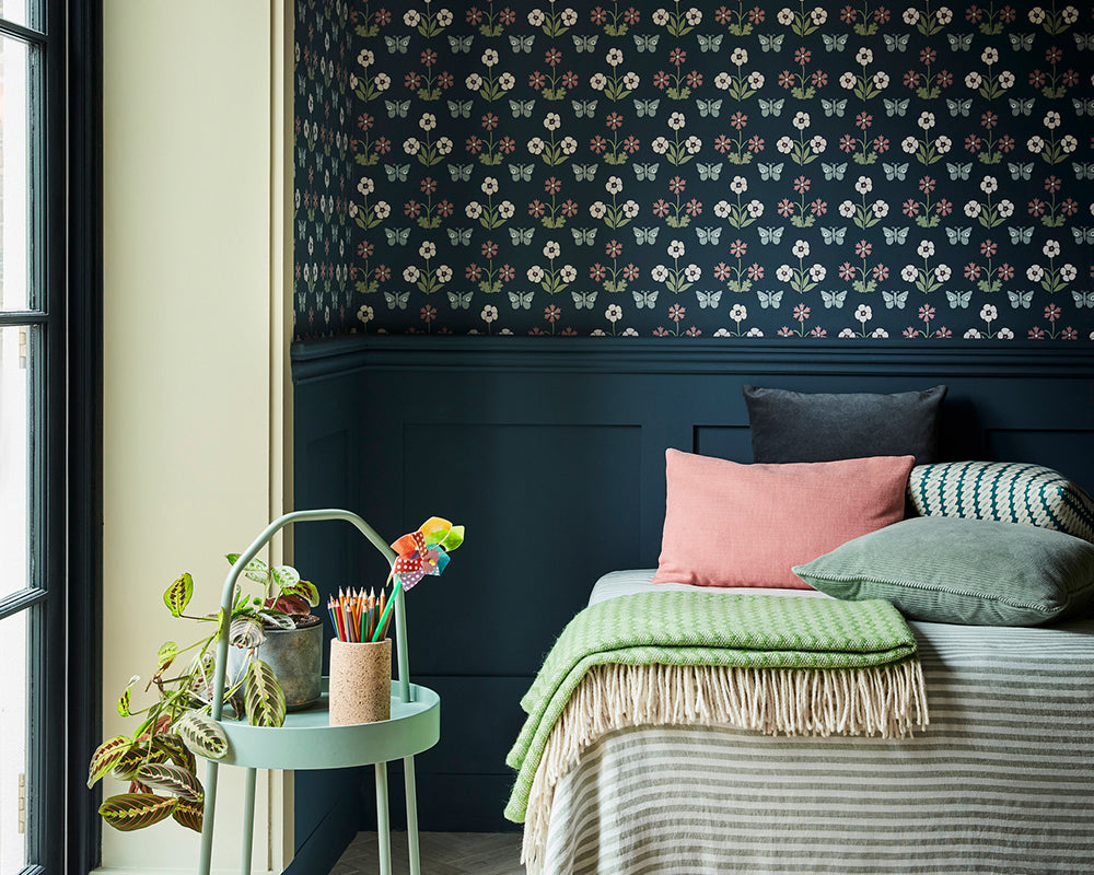 Little Greene Burges Butterfly Wallpaper in Hicks' Blue in a bedroom space