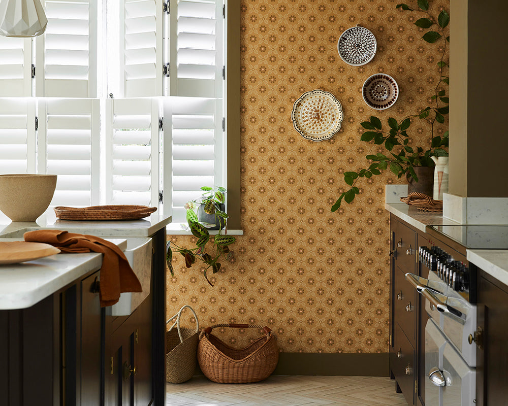 Little Greene Ditsy Block Wallpaper in Bambolone in a kitchen space
