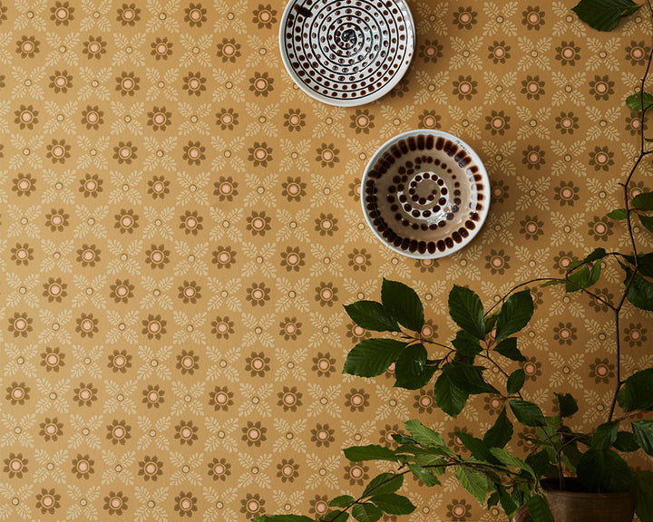 Little Greene Ditsy Block Wallpaper in Bambolone in a kitchen space close up