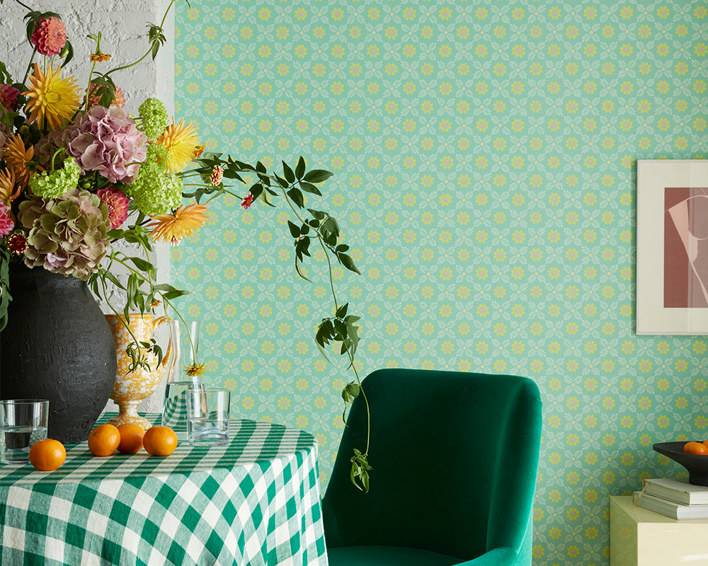 Little Greene Ditsy Block Wallpaper in Green Verditer in a living space