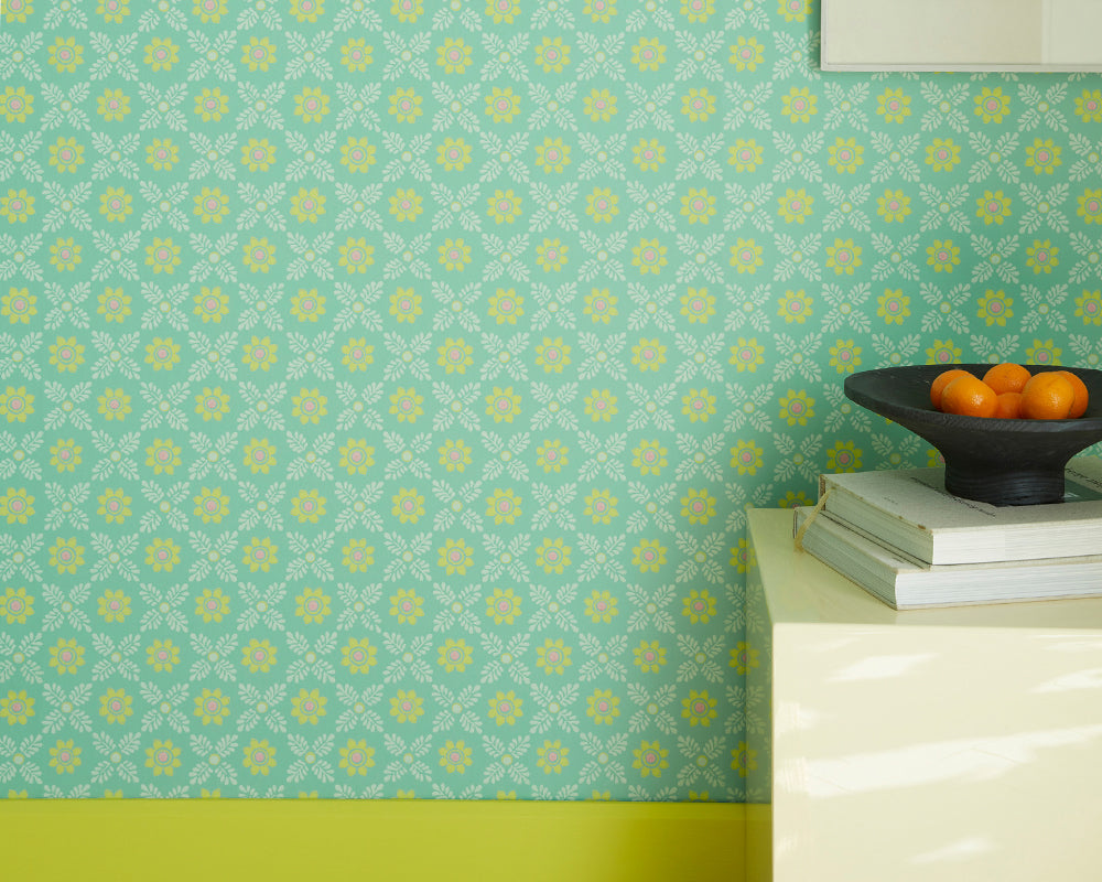 Little Greene Ditsy Block Wallpaper in Green Verditer in a living space close up