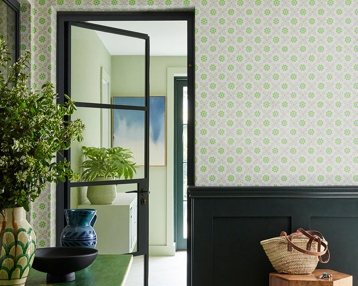 Little Greene Ditsy Block Wallpaper in Phthalo in a hallway