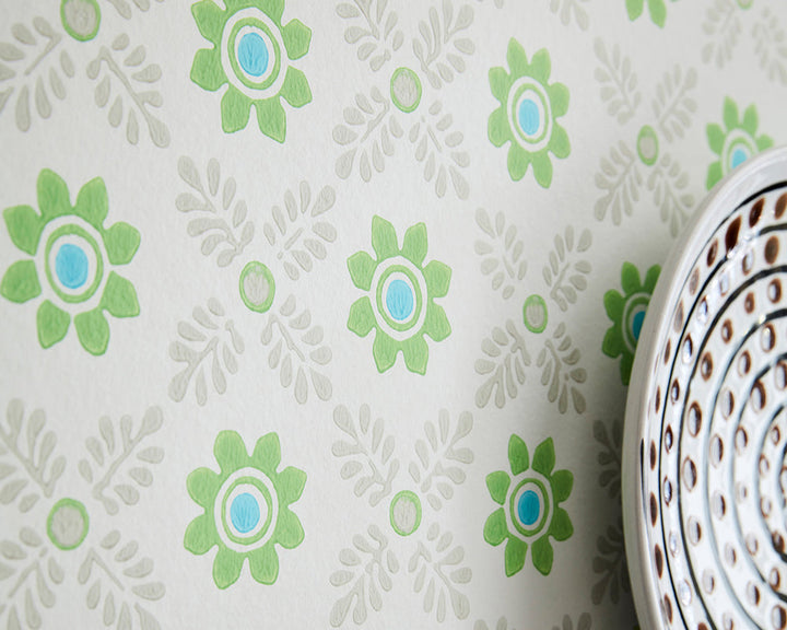 Little Greene Ditsy Block Wallpaper in Phthalo detail