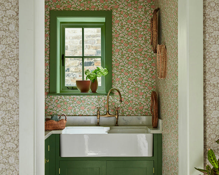 Little Greene Spring Flowers Wallpaper in Garden in a kitchen space