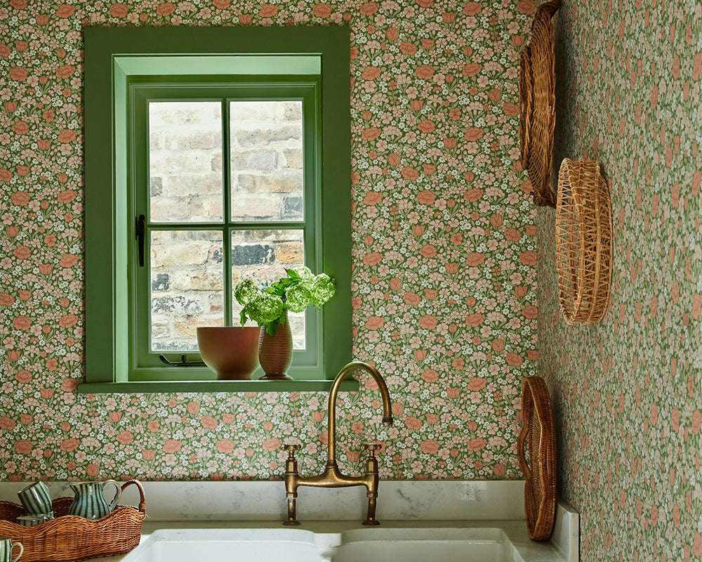 Little Greene Spring Flowers Wallpaper in Garden in a kitchen space close up
