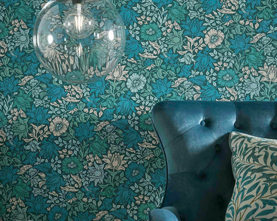 Clarke & Clarke collaboration with William Morris Mallow Wallpaper in a sitting room