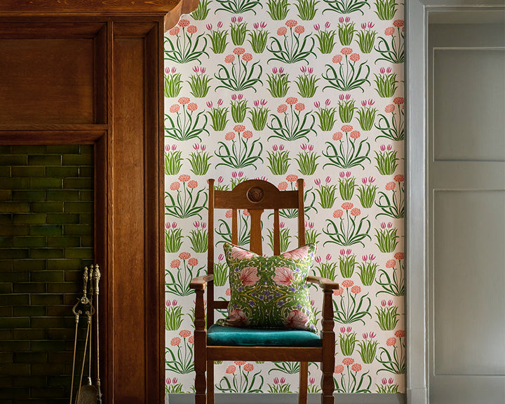 Morris & Co Glade Wallpaper in Tulip Fields in a livingroom set up