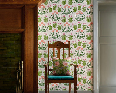 Morris & Co Glade Wallpaper in Tulip Fields in a livingroom set up