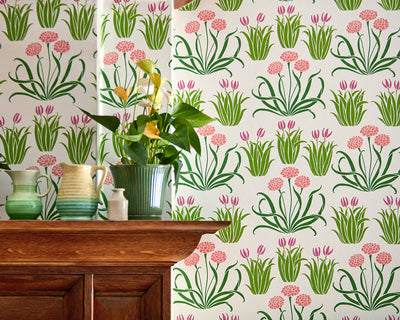 Morris & Co Glade Wallpaper in Tulip Fields in a livingroom set up detail