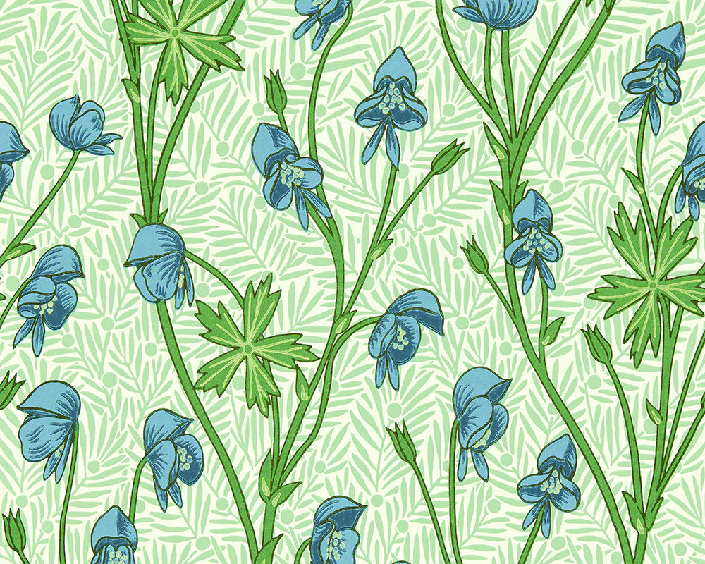 Morris & Co Monkshood Wallpaper in Cobalt & Goblin Green