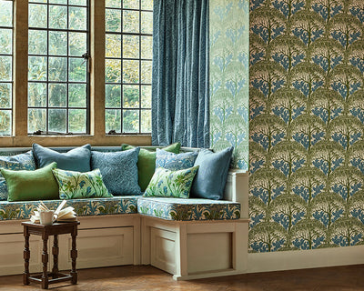 Morris & Co The Savaric Wallpaper in Garden Green in a lounge set up