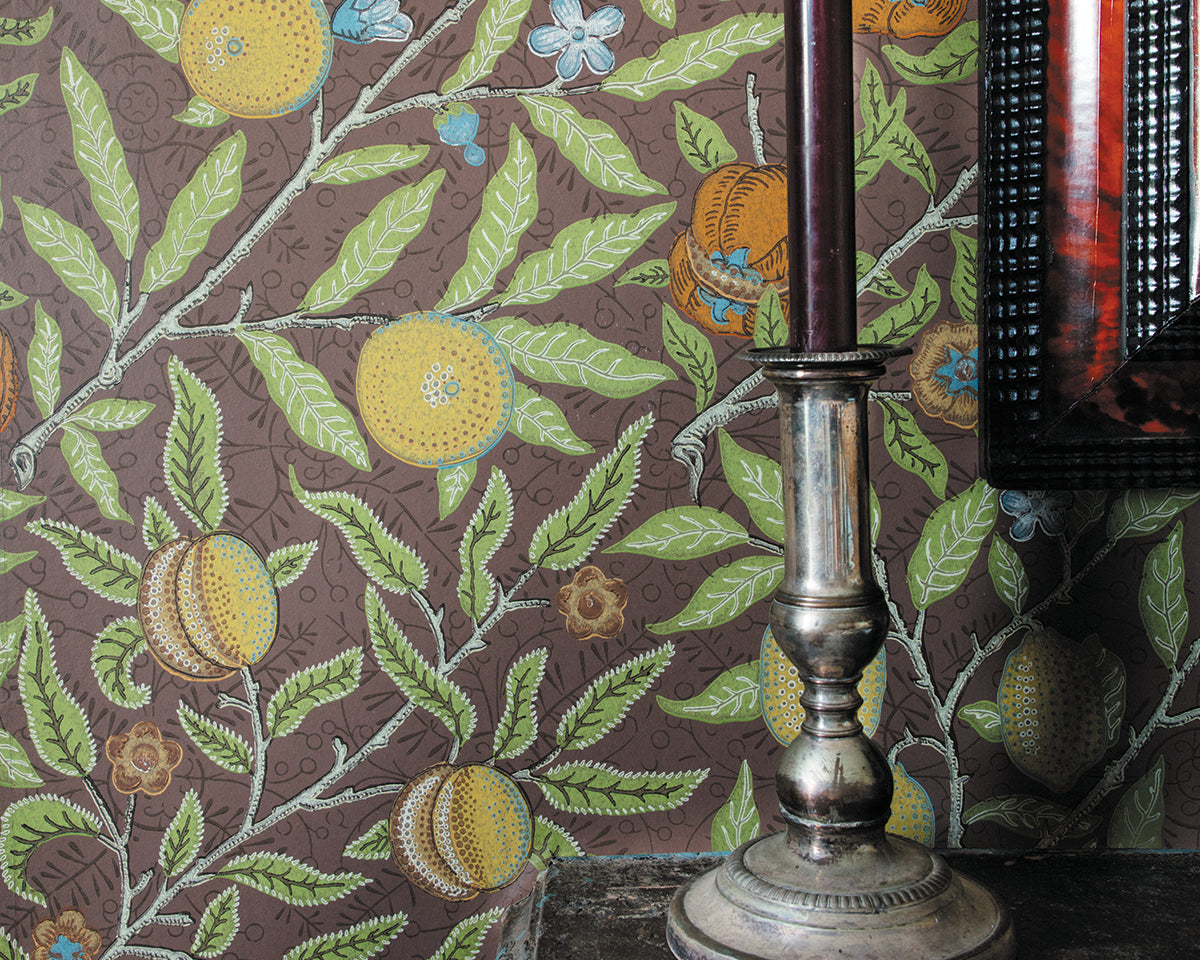 Morris & Co Fruit Wallpaper in Room Chocolate Detail