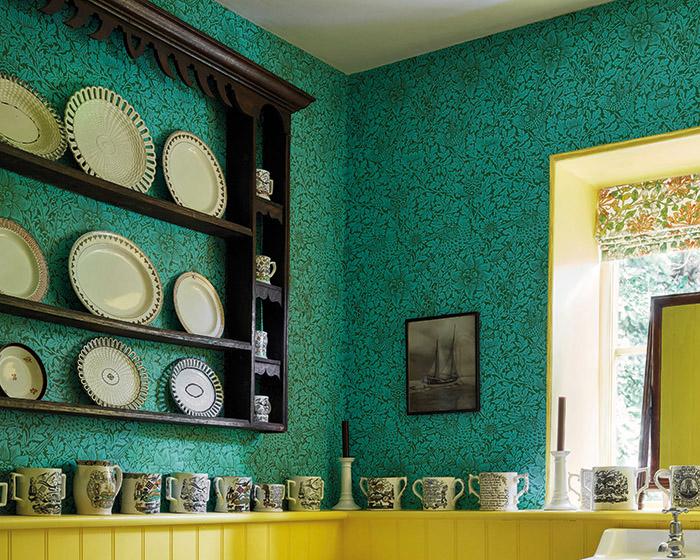 Morris & Co Bird & Anemone Olive/Turquoise 216958 Wallpaper