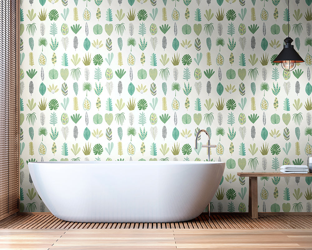 OHPOPSI Leaf Boogie Wallpaper in a bathroom
