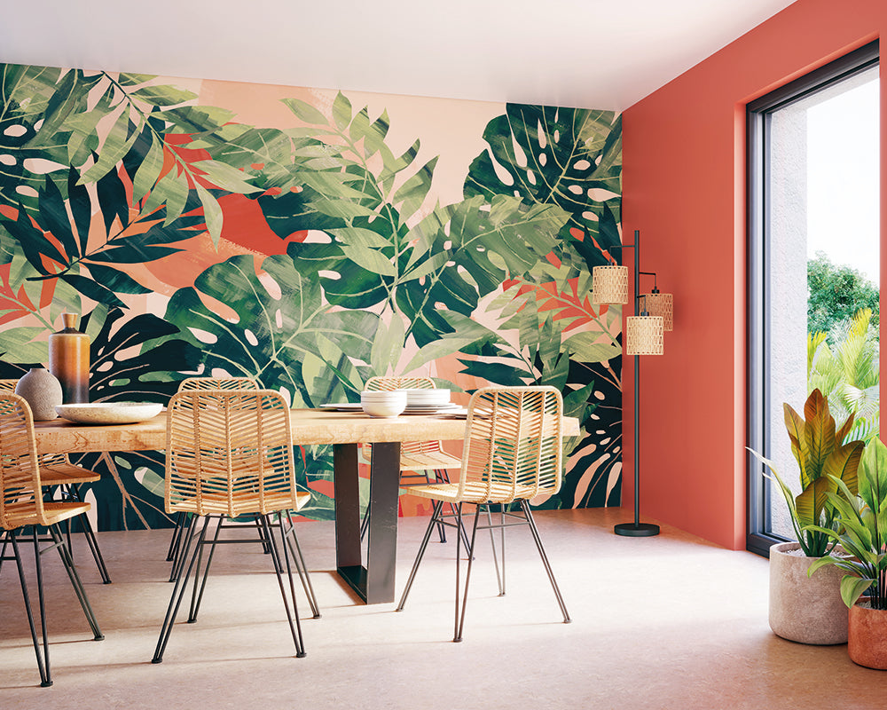 OHPOPSI Textured Palm Wallpaper in a dining room