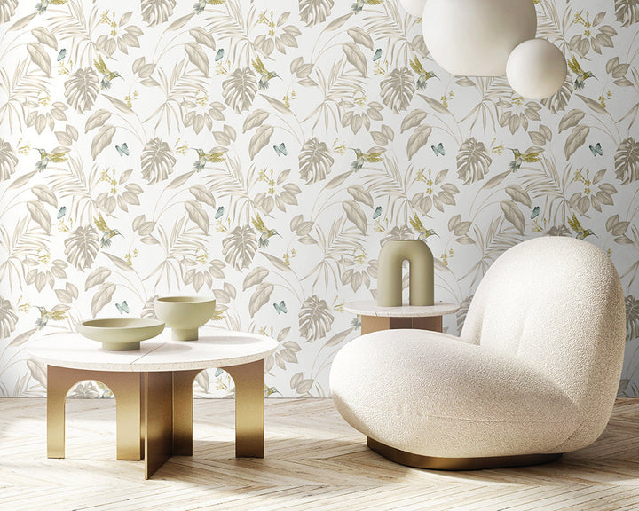 OHPOPSI Hummingbird Wallpaper as a feature wall in a lounge