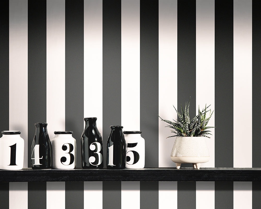 OHPOPSI Bloc Stripe Wallpaper behind a shelf