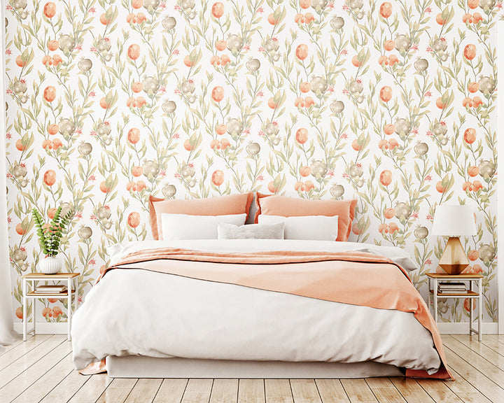 OHPOPSI Pomegranate Trail Wallpaper as a feature wall in a bedroom