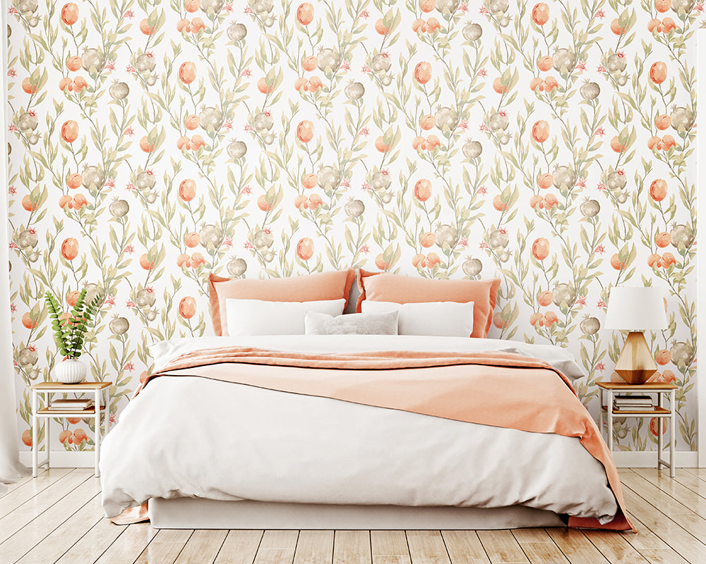 OHPOPSI Pomegranate Trail Wallpaper as a feature wall in a bedroom