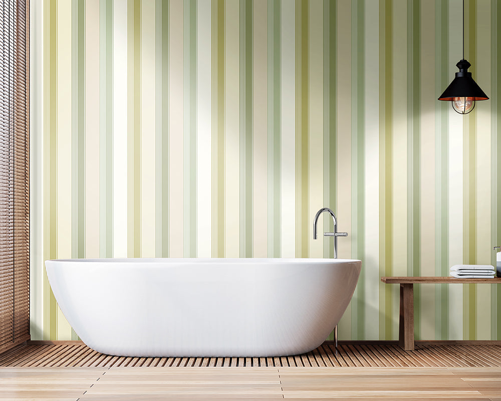 OHPOPSI Multi Stripe Wallpaper as a feature wall in a bathroom