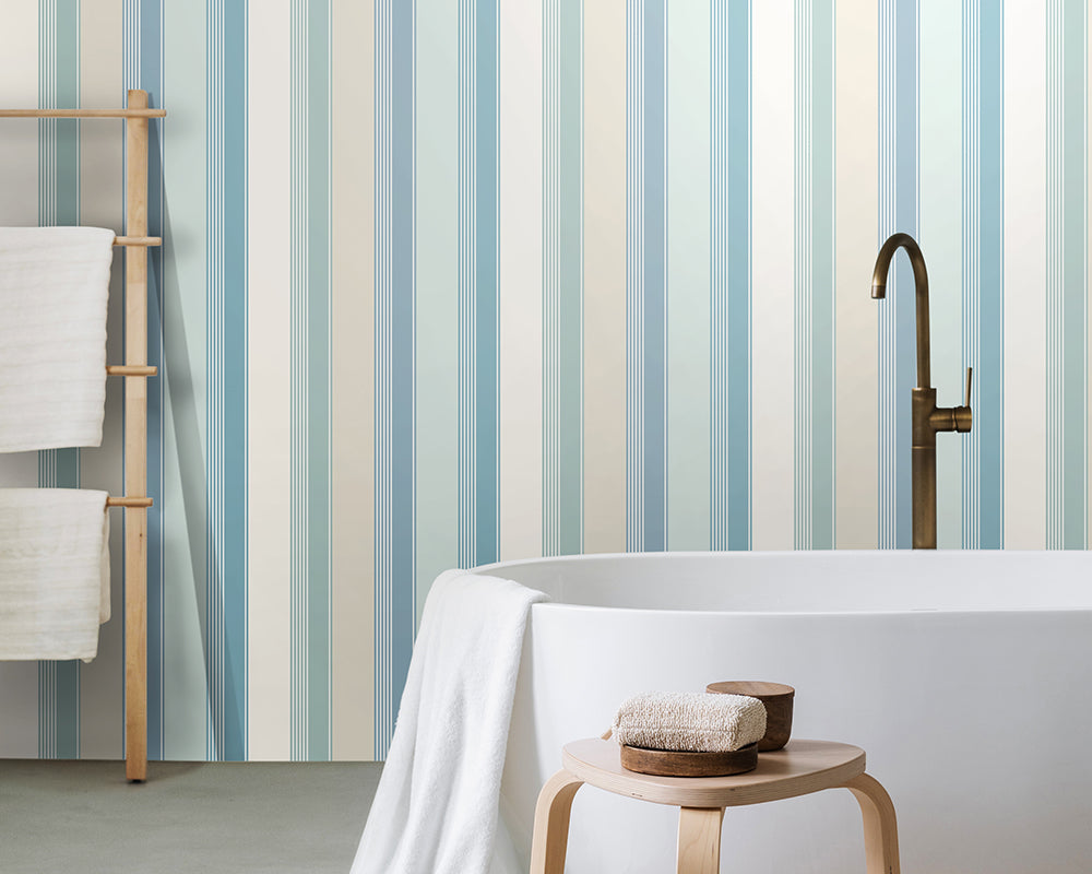 OHPOPSI Multi Stripe Wallpaper on a bathroom wall