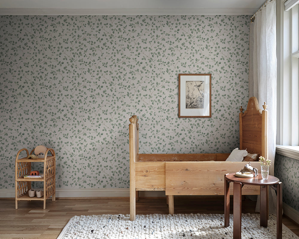Sandberg Bokskog Wallpaper in garden green in a bedroom