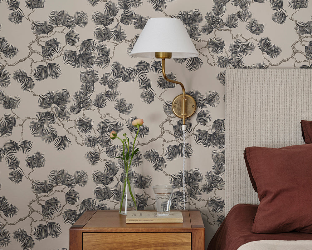 Sandberg Pine Wallpaper in brown in a bedroom