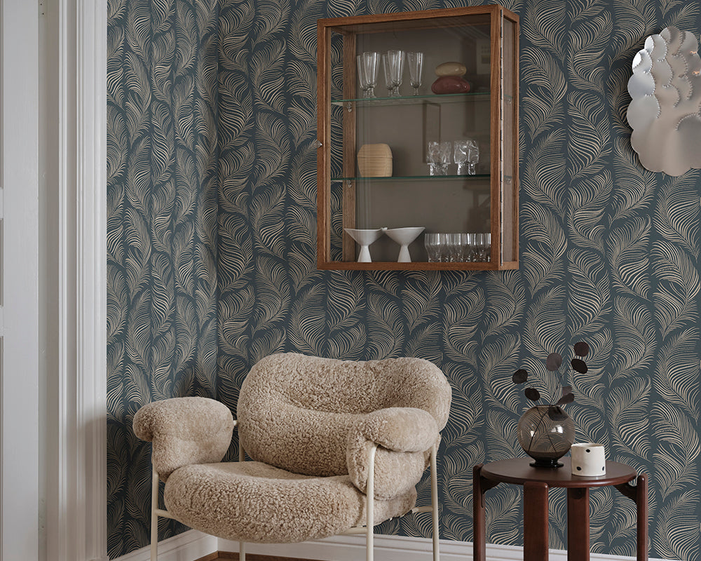 Sandberg Grace Wallpaper in midnight blue in a living room