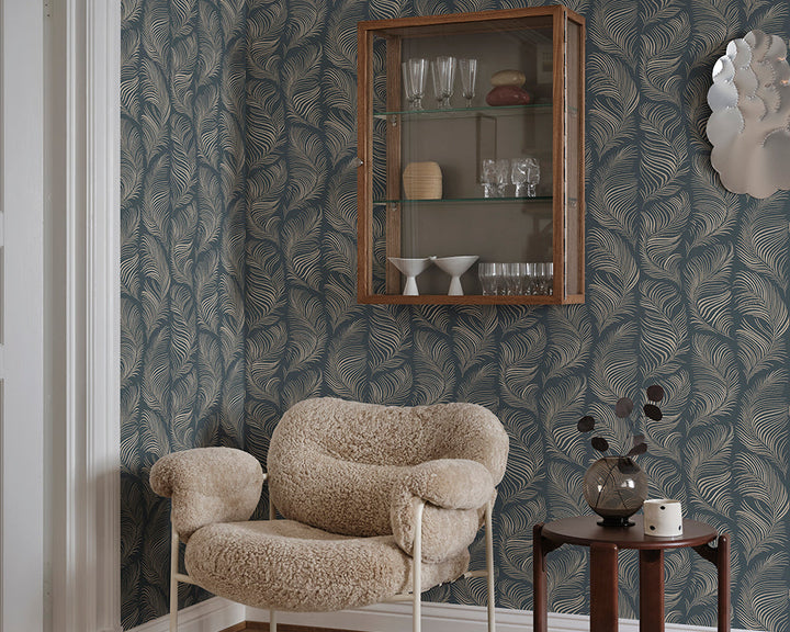 Sandberg Grace Wallpaper in midnight blue in a living room