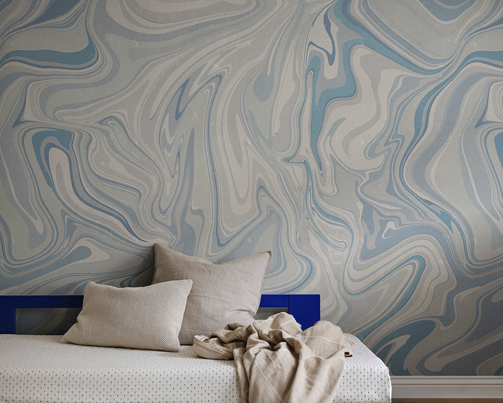 Sandberg Klint Wallpaper in Misty Blue on a bedroom wall