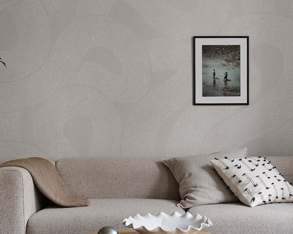 Sandberg Sand Wallpaper in gray in a living room
