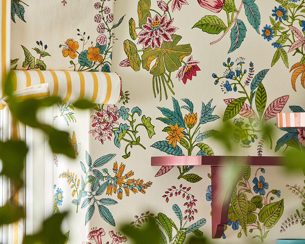 Harlequin Woodland Floral Wallpaper in Peridot/Ruby/Pearl close up in a kitchen set up