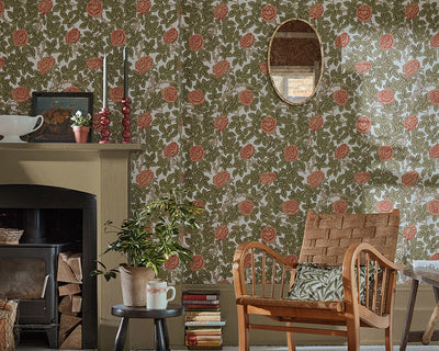 Morris & Co Rambling Rose Wallpaper in a living room