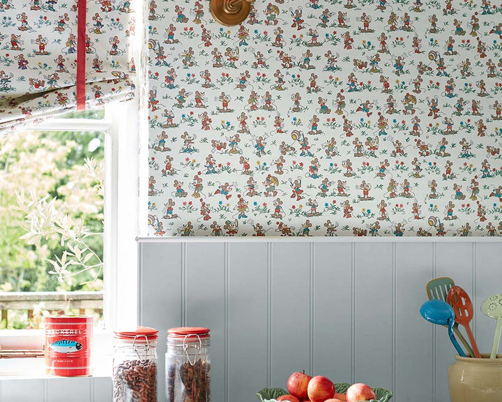 Sanderson Mickey & Minnie Wallpaper on a wall in a kitchen
