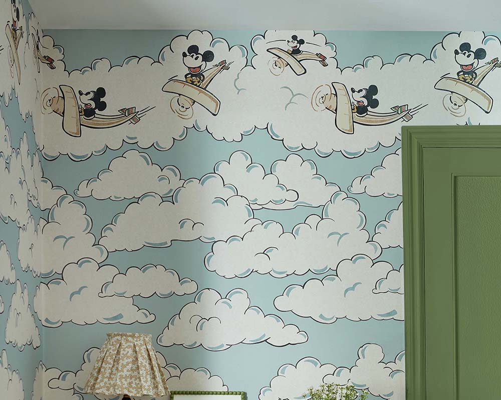 Sanderson Mickey in the Clouds Wallpaper in a bedroom