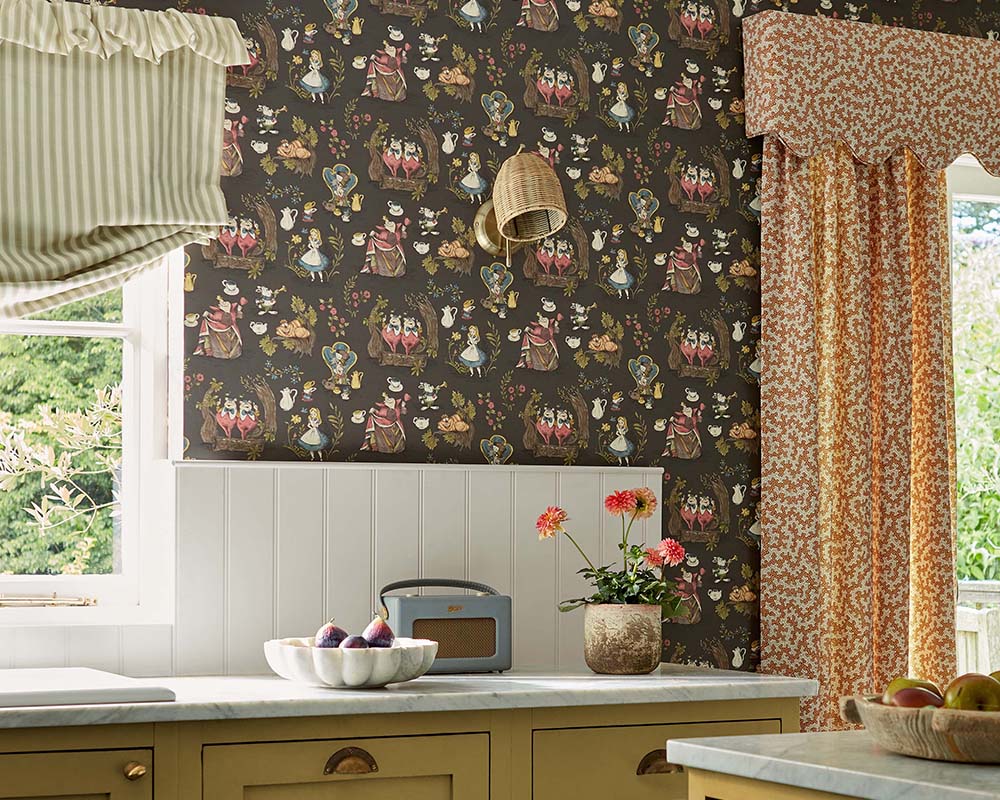 Sanderson Alice in Wonderland Wallpaper on a cottage kitchen walls