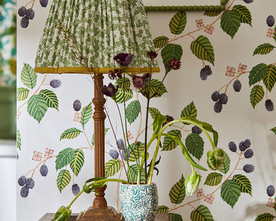 Sanderson Rubus Wallpaper behind a lampshade