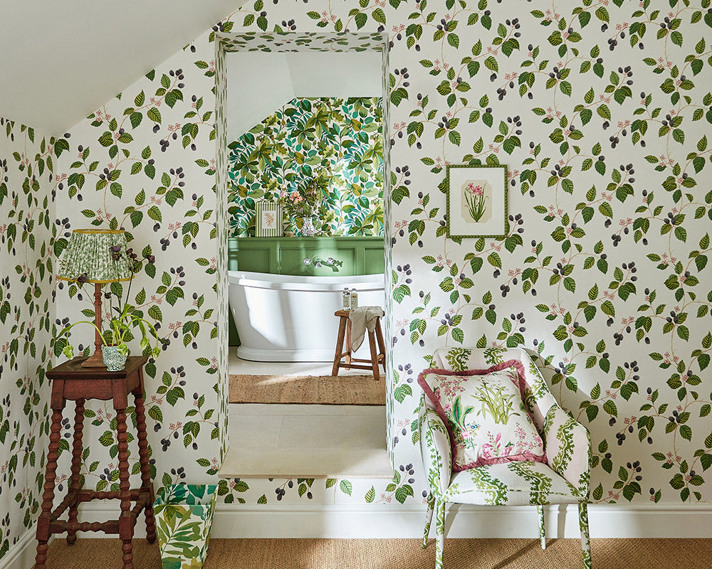 Sanderson Rubus Wallpaper in a cottage bedroom