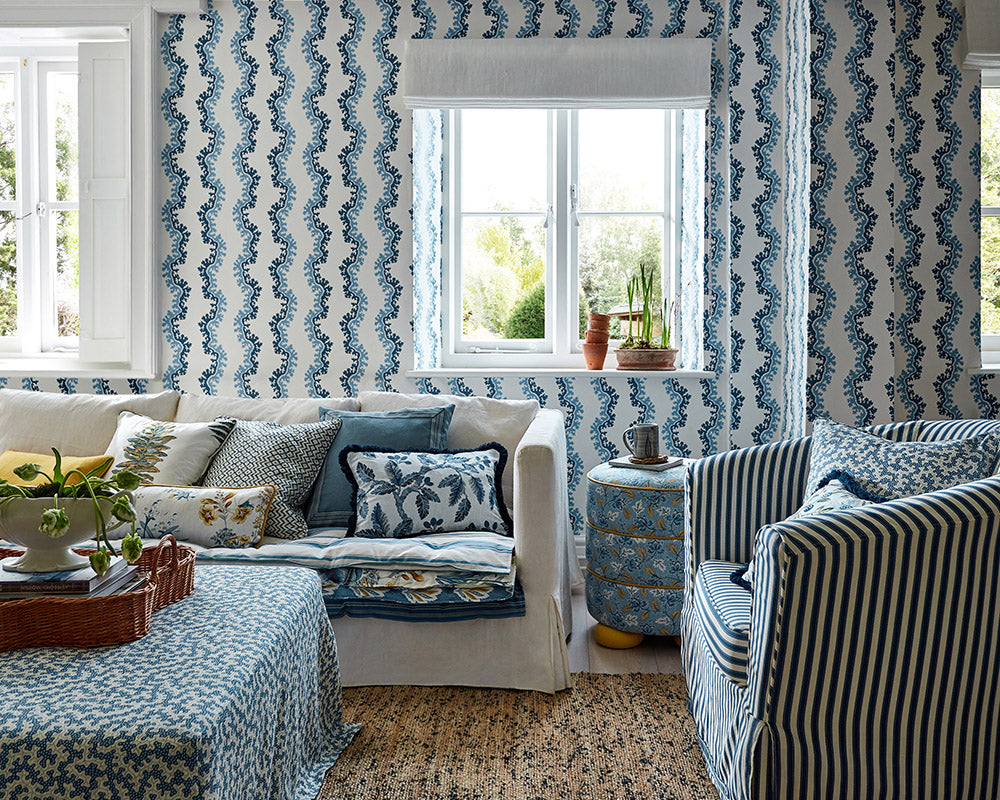 Sanderson Oxbow Wallpaper on a wall in a blue and white living room