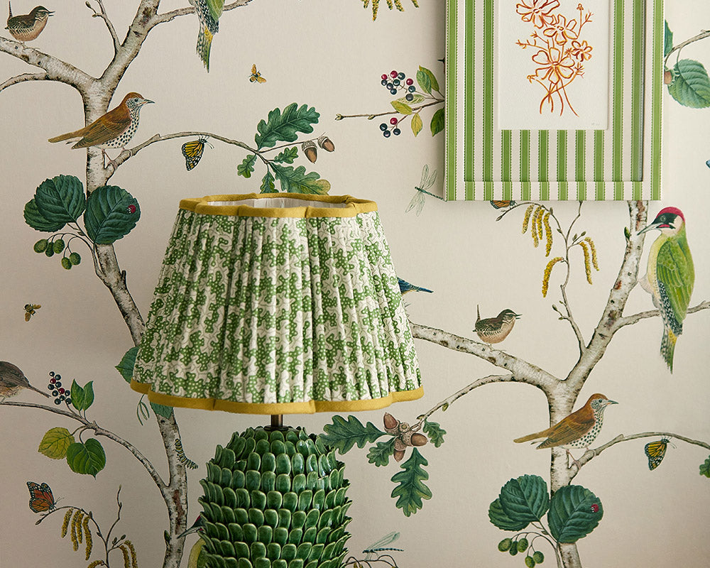 Sanderson Woodland Chorus Wallpaper behind a lampshade