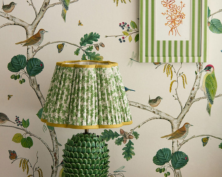 Sanderson Woodland Chorus Wallpaper behind a lampshade